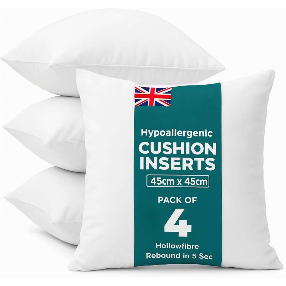 C Stores Cushion Inserts 45cm x 45cm (Pack of 4) for Indoor/Outdoor Sofas and Beds, Square Cushion Pads Fillers, Cushion Inners, Anti-Allergy Cushion Supportive Bounce Back Comfort, 18 x 18 Inch